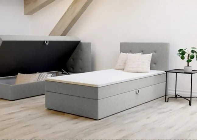 Wygodne łóżko jednoosobowe Bastian 90cm, miękkie wykończenie w beżowym kolorze, prawe