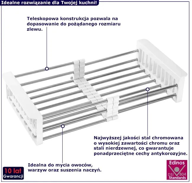 Biała teleskopowa suszarka na zlew do naczyń Delik