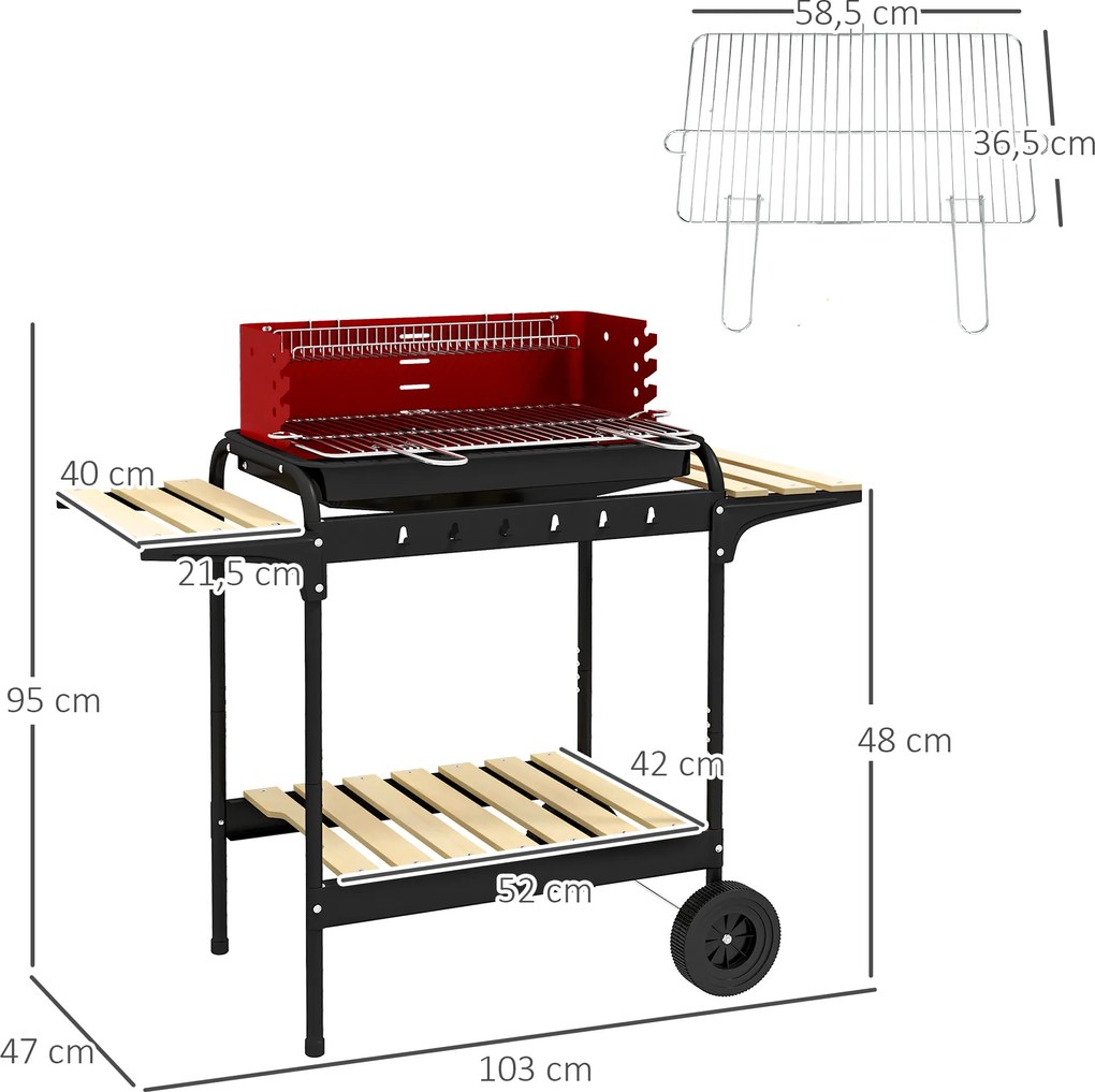 Outsunny Grill węglowy z metalu BBQ Smoker na kółkach, ruszt regulowany na wysokość, drewniana półka 103x47x95 cm Czerwony