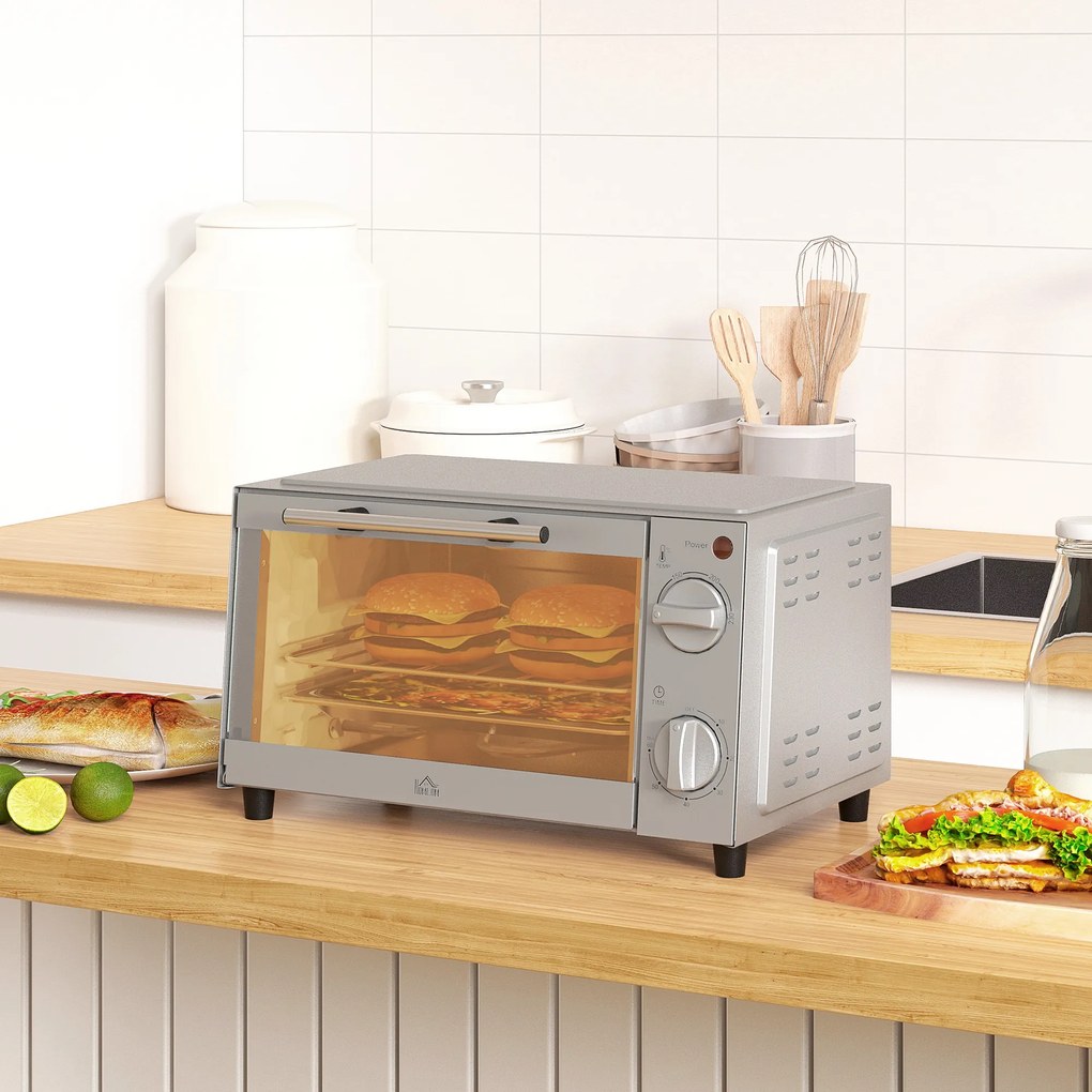 HOMCOM Minipiekarnik 9L, Mini piekarnik z blachą, rusztem, regulowaną temperaturą i czasem pieczenia, stal nierdzewna, srebrny