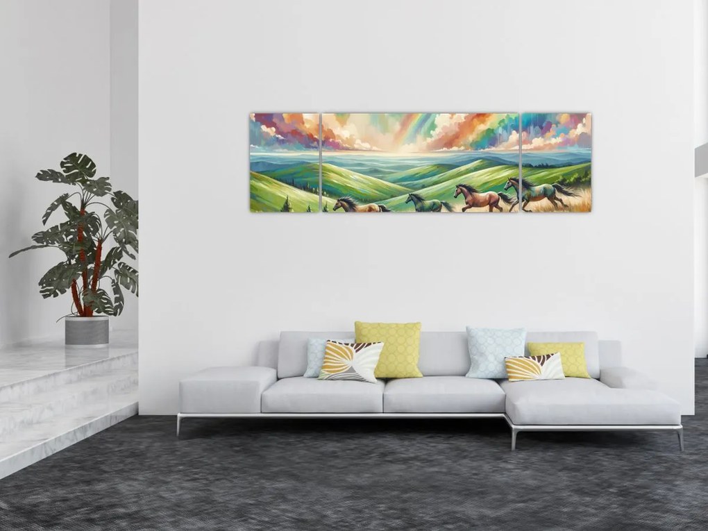 Obraz – Konie galopujące przez krajobraz (170x50 cm)
