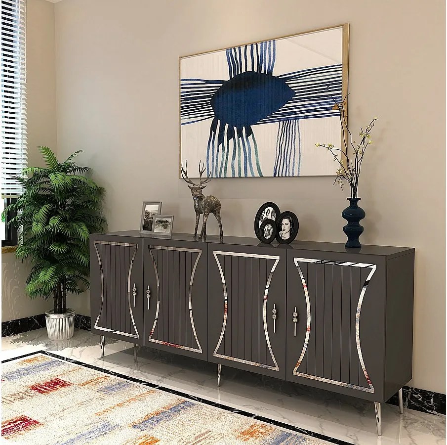 Komoda w kolorze antracytowym i srebrnym – 150 cm x 75 cm x 35 cm – pokryte cząstkami drewna i pokryte melaminą