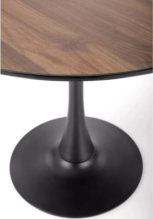 Stół Kinzly 90 cm – elegancki okrągły stół z orzechowym blatem z MDF i czarną metalową nogą do kuchni