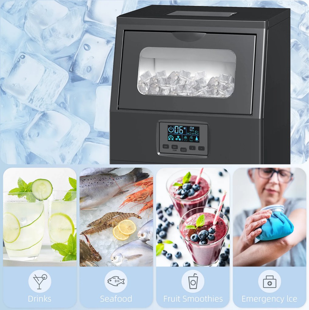 HOMCOM Komercyjna kostkarka do lodu 30 kg/24H wolnostojąca z 4 kg pojemnikiem, funkcją samoczyszczenia, timerem, stal, czarna | Aosom PL