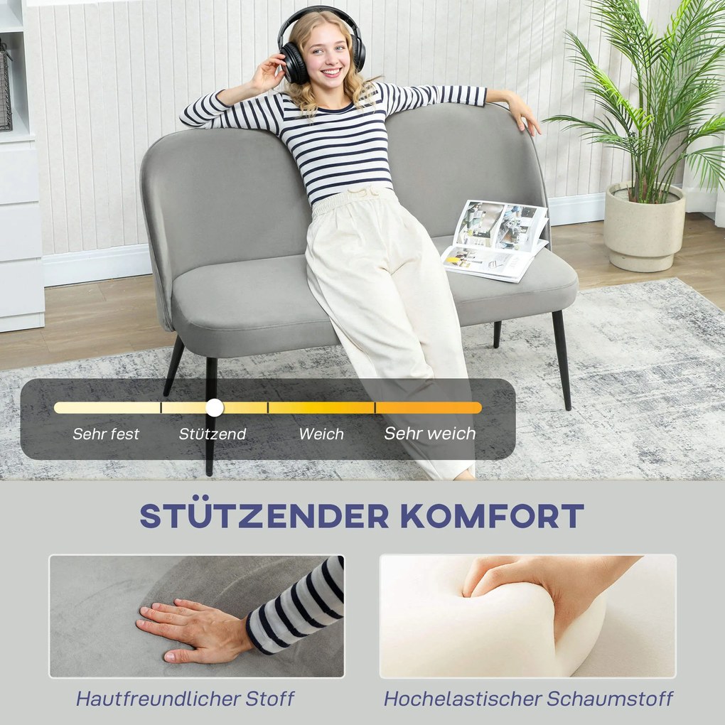 HOMCOM 2-osobowa sofa, nowoczesna tapicerowana kanapa z metalowo-drewnianą ramą, tapicerka o welurowym wyglądzie, Grau