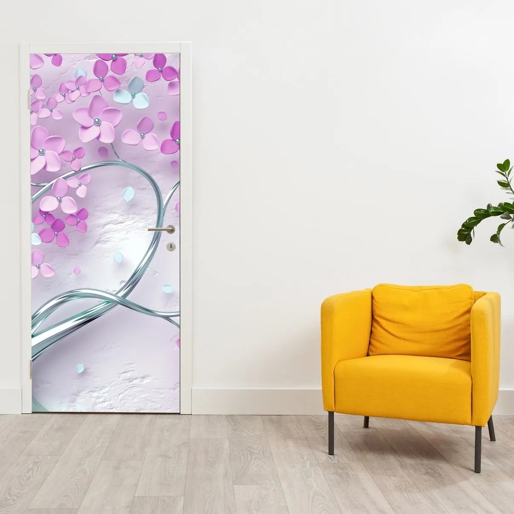 Fototapeta na drzwi - Kwiaty na srebrnej łodydze, abstrakcja (95x205cm)