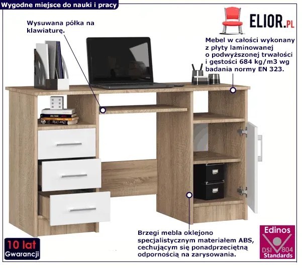 Biurko dla dzieci młodzieży i dąb sonoma + biały A1-E20