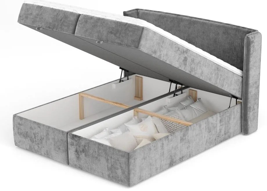 Szare łóżko boxspring ze schowkiem 200x200 cm Passion – Maison de Rêve
