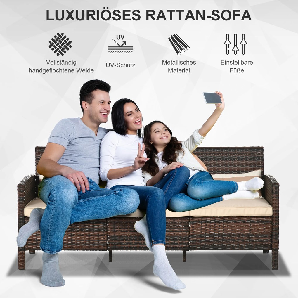 Outsunny Rattanowa sofa ogrodowa 3-osobowa do ogrodu z poduszkami stal kolor brązowy