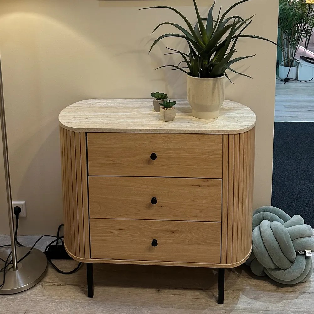 Owalna komoda z szufladami ryflowana Fabia 80 cm, dąb/trawertyn