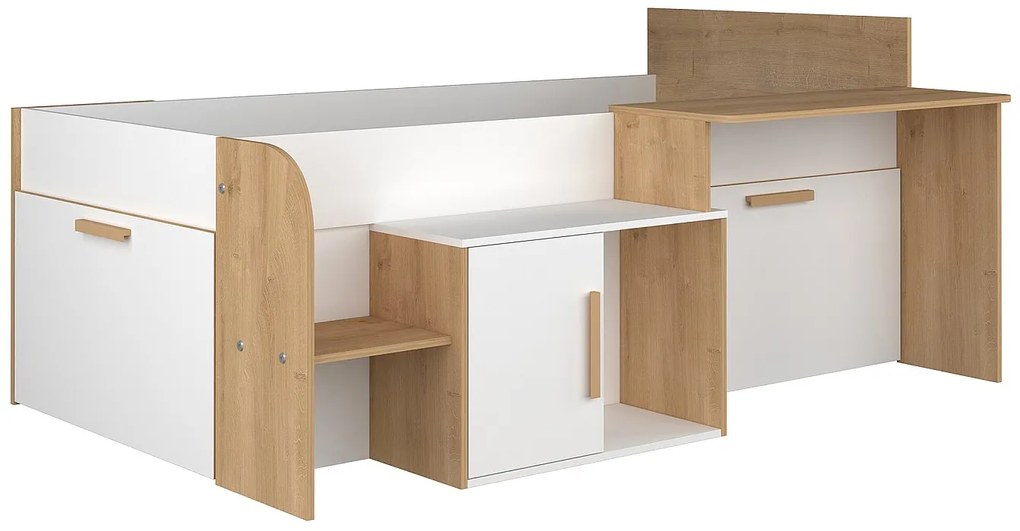 Łóżko piętrowe 90 x 200 cm z biurkiem i półkami - Biały i naturalny - PEDRO