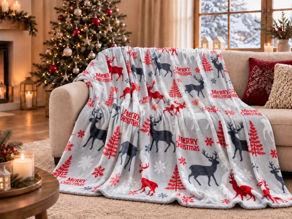 Świąteczny mikro pluszowy koc MERRY CHRISTMAS DEER szary Rozmiar: 200 x 220 cm