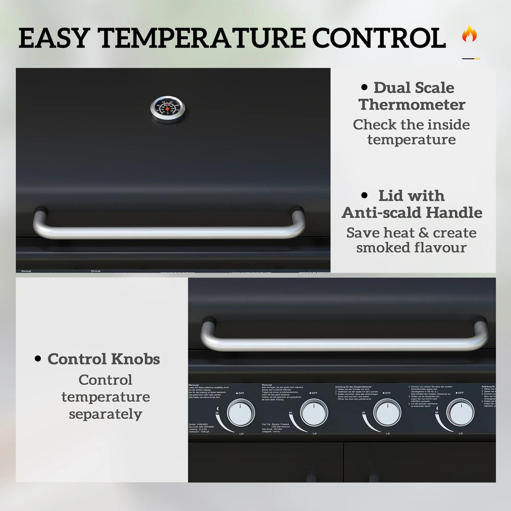 Outsunny Grill Gazowy na Kółkach z Przeszklonym Magazynkiem, Boczny Stół, Boczny Palnik, Półka Grzewcza, Termometr, Stal Nierdzewna, Czarny