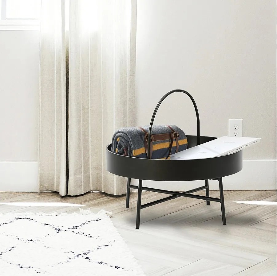 Stolik kawowy Manila z okrągłym blatem MDF w kolorze czarnym i czarną metalową konstrukcją matową.