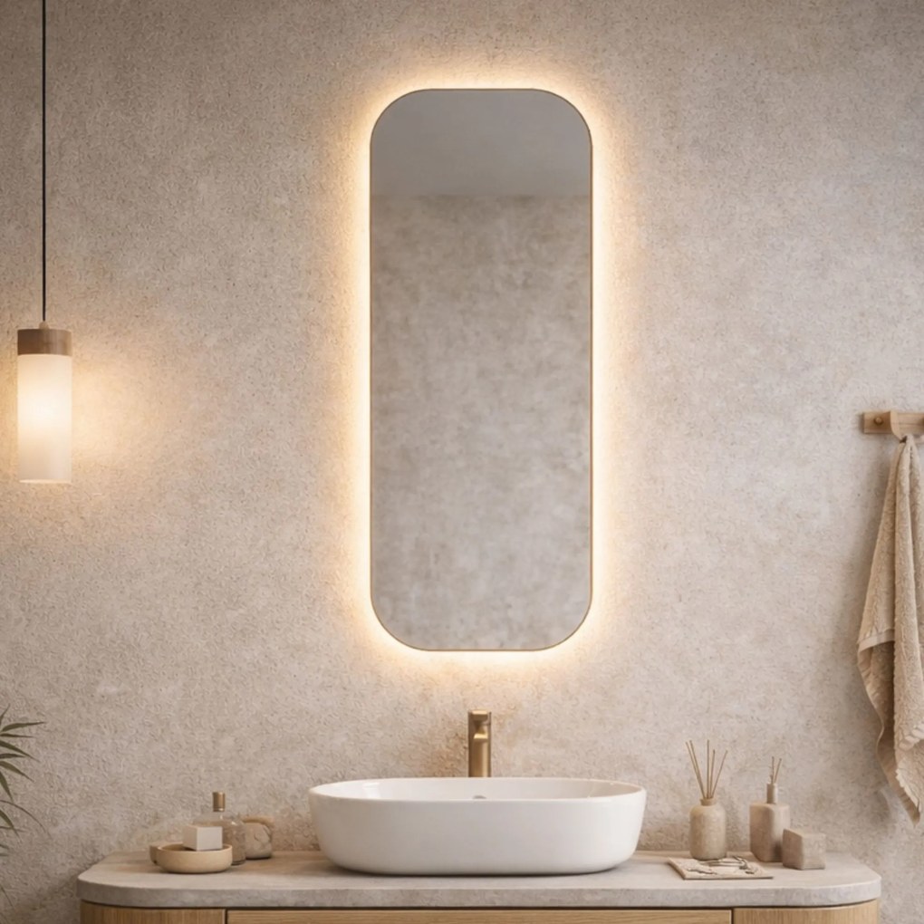 Lustro prostokątne bez ramy oszlifowane obracalne z podświetleniem ROUND Slim LED | Różne rozmiary | Różne kolory : Kolor tafli szkła - Brąz, Rozmiar - 20 x 80 cm