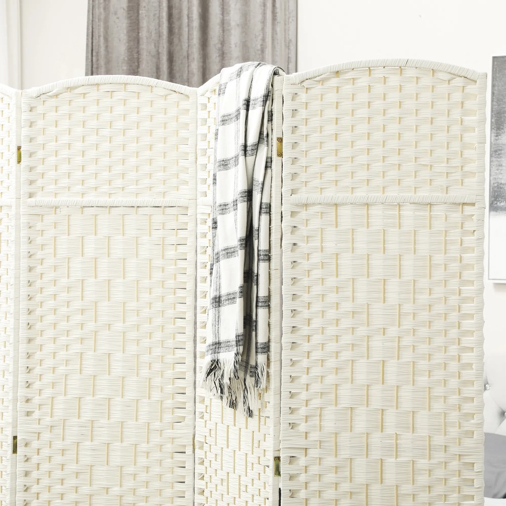 HOMCOM Parawan, 4-częściowa składana ścianka działowa, plecionka, drewno sosnowe, Biały