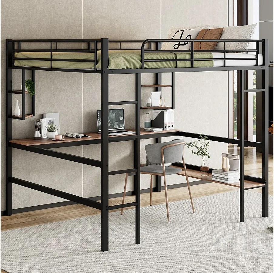 Łóżko piętrowe 140 x 200 cm z biurkiem i półką do przechowywania - metal i drewno MDF - czarne
