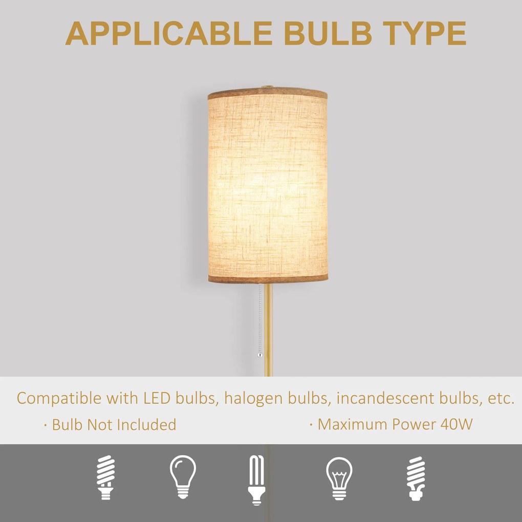 HOMCOM Lampa Stojąca, Elegancka Lampa Podłogowa ze Stali z Abażurem z Tkaniny, Lampa do Salonu, Przełącznik na Łańcuszku, Złoto+Biały