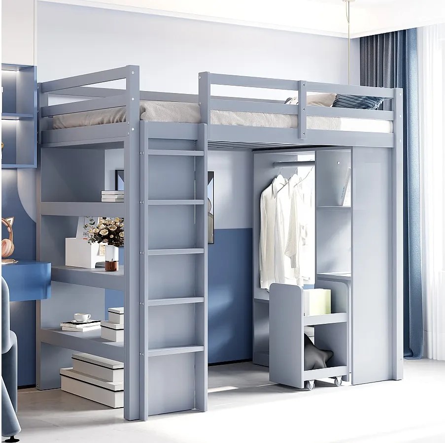 Łóżko piętrowe dla dzieci - 90 x 200 cm - z 1 wyjmowanym wózkiem + pojedyncze wieszaki - drewno + MDF - szare