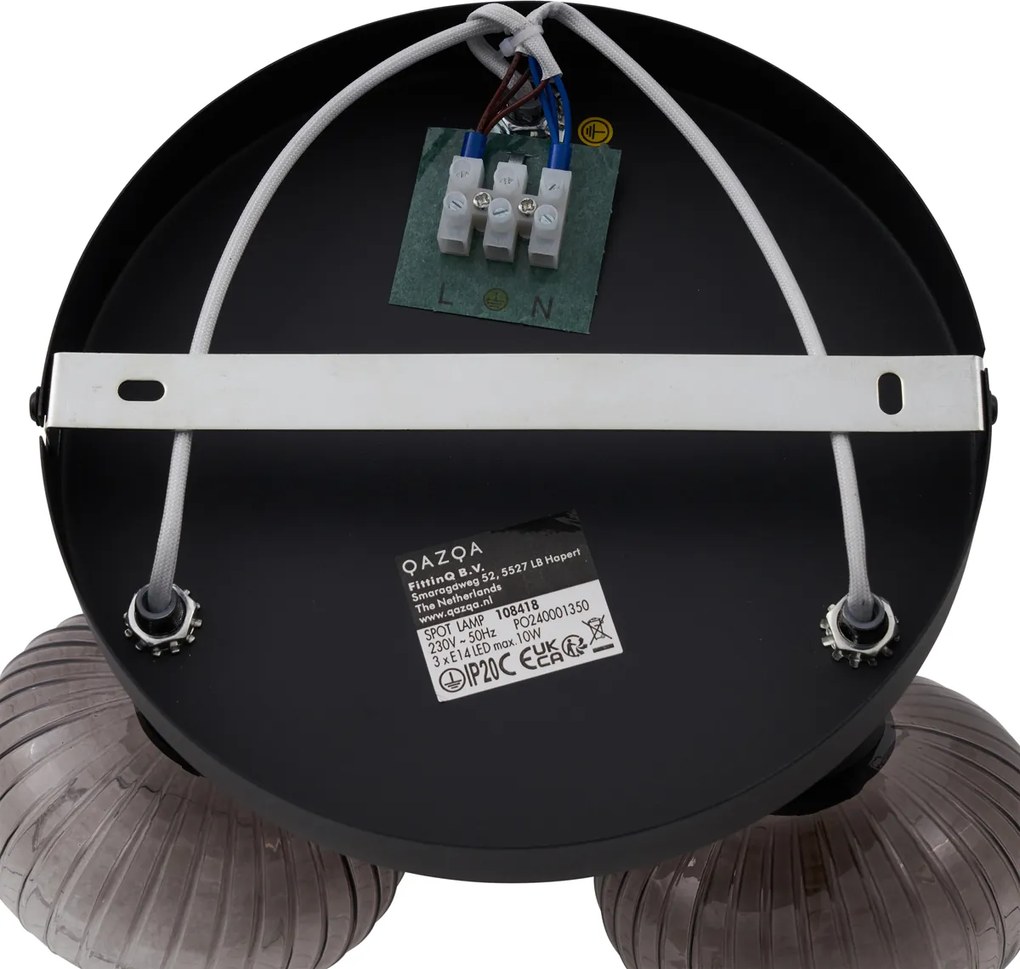 Nowoczesny sufitowy reflektor LED czarny z okrągłym dymionym szkłem 3-punktowy - Teddy