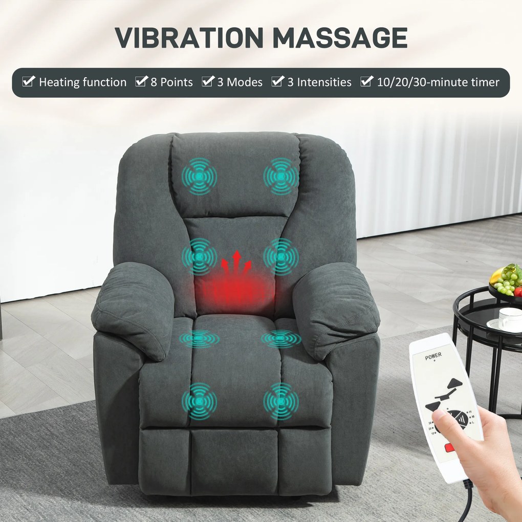 HOMCOM Elektryczny Fotel Relaksacyjny z Funkcjami Masażu i Ogrzewania, Wygodny Fotel z Portem USB, Kieszeń Boczna, Szary