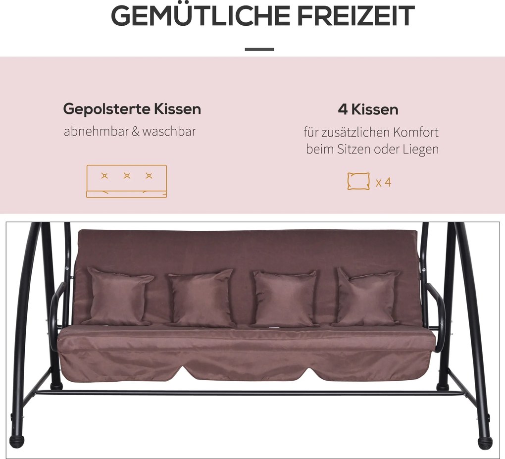 Outsunny Huśtawka Ogrodowa 3 Osobowa z Regulowanym Daszkiem Hamak Wiszący Brązowy Poliester 215x120x165cm | Aosom PL