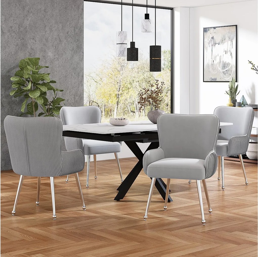 Zestaw 4 krzeseł Velvet - 83 x 53 x 57 cm - Cztery srebrne metalowe nogi - z podłokietnikami i regulowanymi nóżkami - Szary