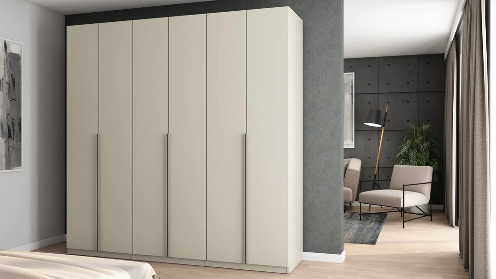 Szafa 6 drzwiowa otwierana 240 x 240 cm – kaszmirowy beż ze srebrnymi uchwytami