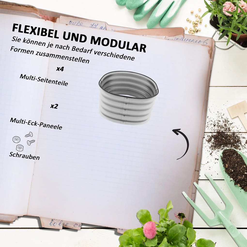 Outsunny Hochbeet Donica Warzywna, modularne łóżko wysokie, zabezpieczone krawędzie, design bez dna, 105 x 62 x 30 cm, Srebrny