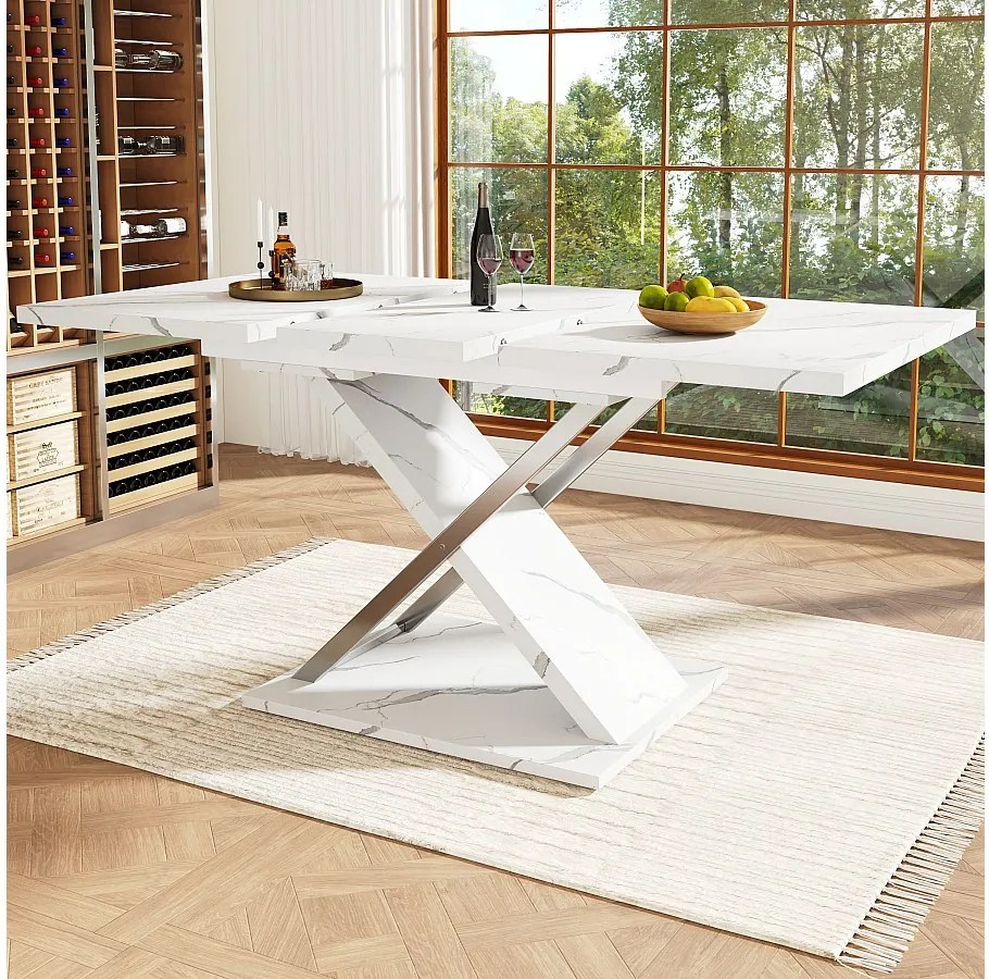 Rozkładany stół jadalny dla 4-6 osób - 118/157 x 70 x 75 cm - Blat imitujący marmur - MDF i metal - Biały