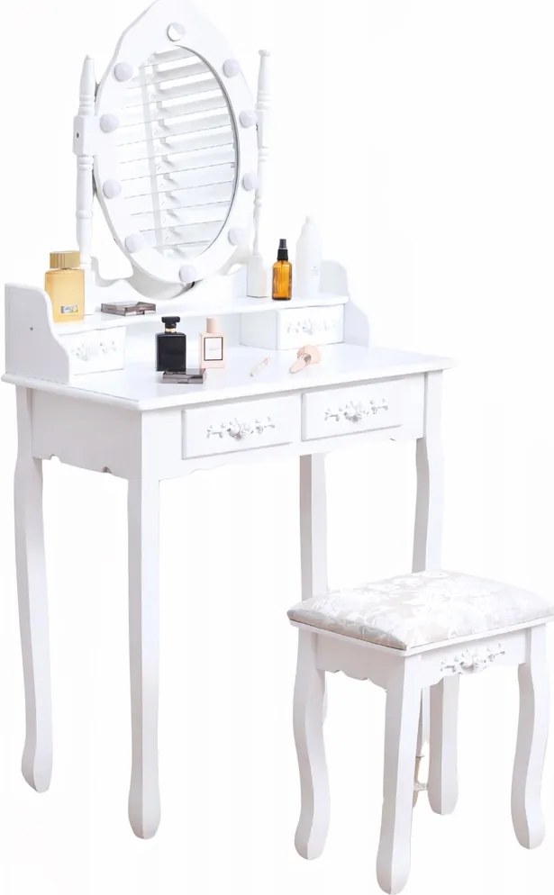 Toaletka retro z lustrem, taboretem i oświetleniem Noemi DT03, kolor biały