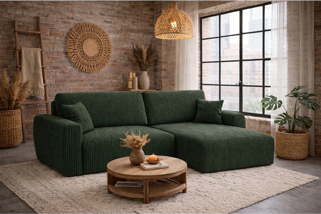 Narożnik z funkcją spania i pojemnikiem Ariel XL, tkanina sztruksowa Poso, Zielony, Prawy