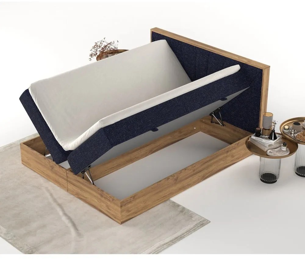 Ciemnoniebiesko-naturalne łóżko boxspring ze schowkiem 140x200 cm Asahi – Maison de Rêve