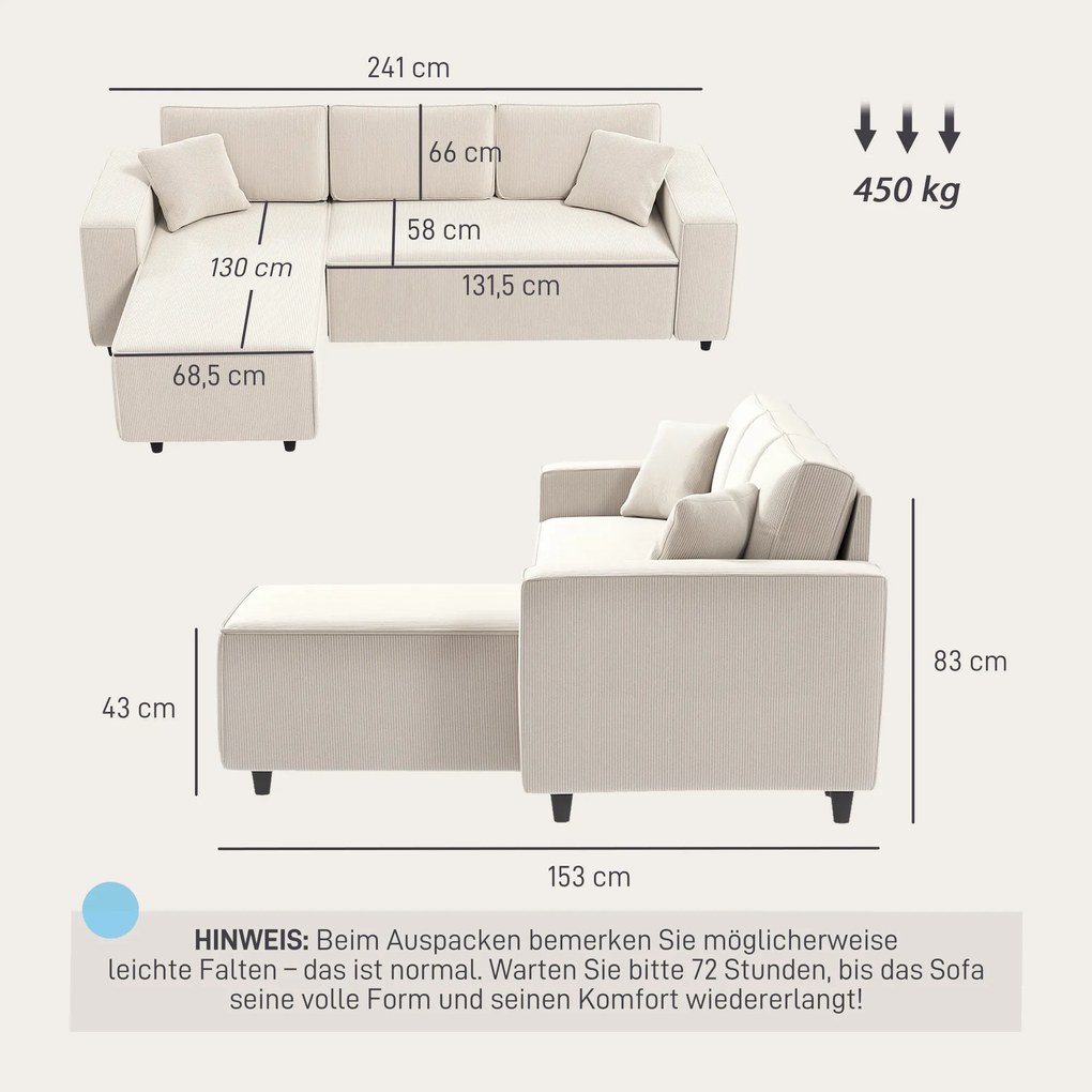 HOMCOM Narożnik 3-osobowy z Modułem Chaise Longue, Sofa do Salonu z Pokryciem Sztruksowym, 2 Dodatkowe Poduszki, Sofa Wypoczynkowa, Kremowy