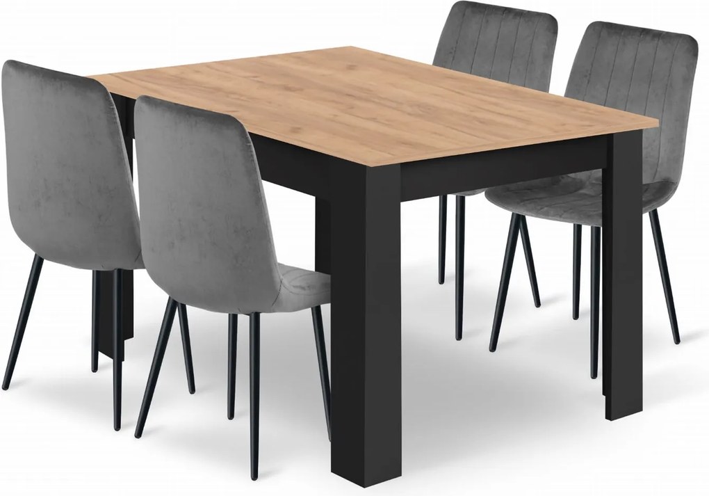 Zestaw jadalniany stół dąb craft 120x80 cm i 4 szare krzesła welurowe Viborg 02