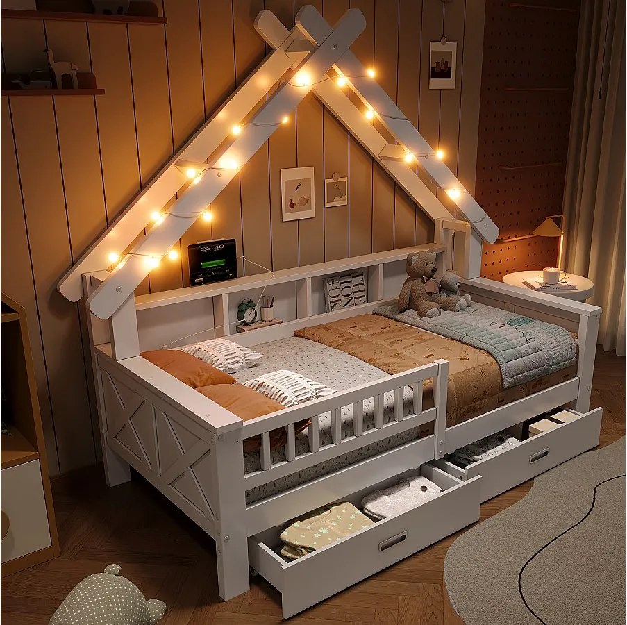 Łóżka platformowe w kształcie domku - 90 x 200 cm - z diodami LED + półka + 2 szuflady + barierki - płyta MDF + drewno - białe
