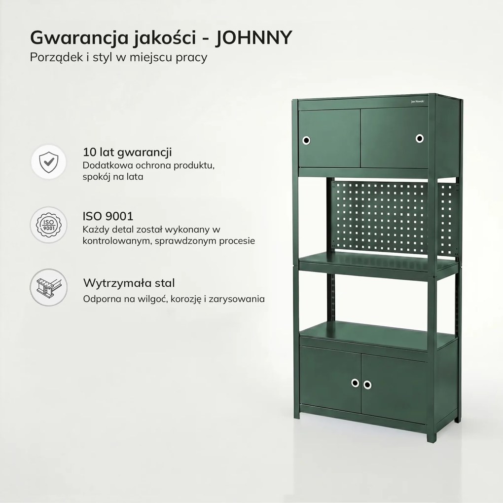 Metalowy regał warsztatowy z szafkami Johnny, 80 x 42 x 180 cm, kolor zielony
