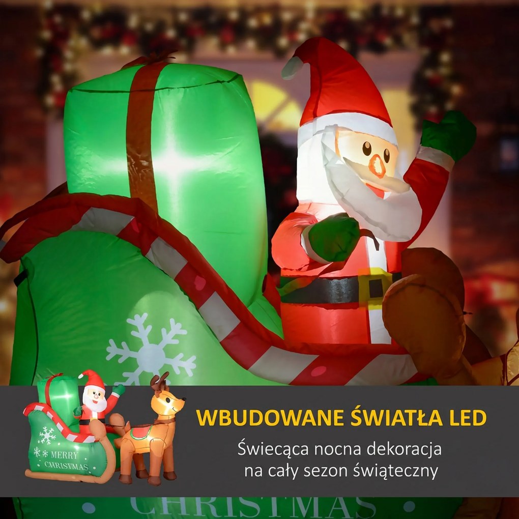 Outsunny Mikołaj na saneczkach z reniferem, dmuchany, z białym oświetleniem LED, 210 x 80 x 140 cm