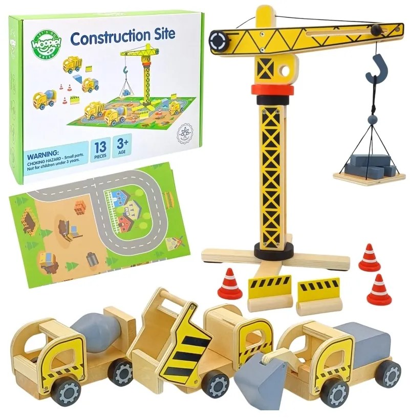 Woopie green drewniany plac budowy 5w1 ruchomy dźwig xxl pojazdy budowlane 13 el. fsc