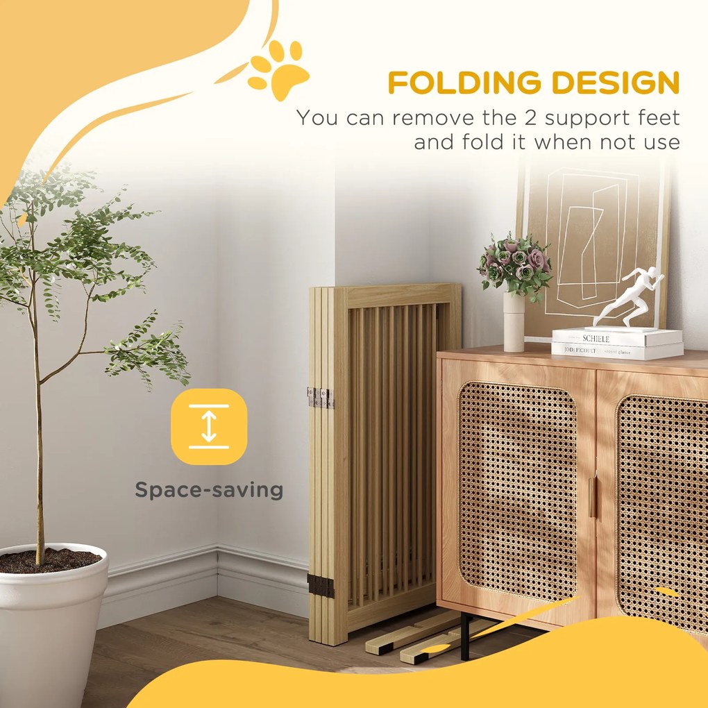 Bramka zabezpieczająca dla psów PawHut, wolnostojąca, składana, z drzwiami i nóżkami, rama z drewna, 220x36x91cm