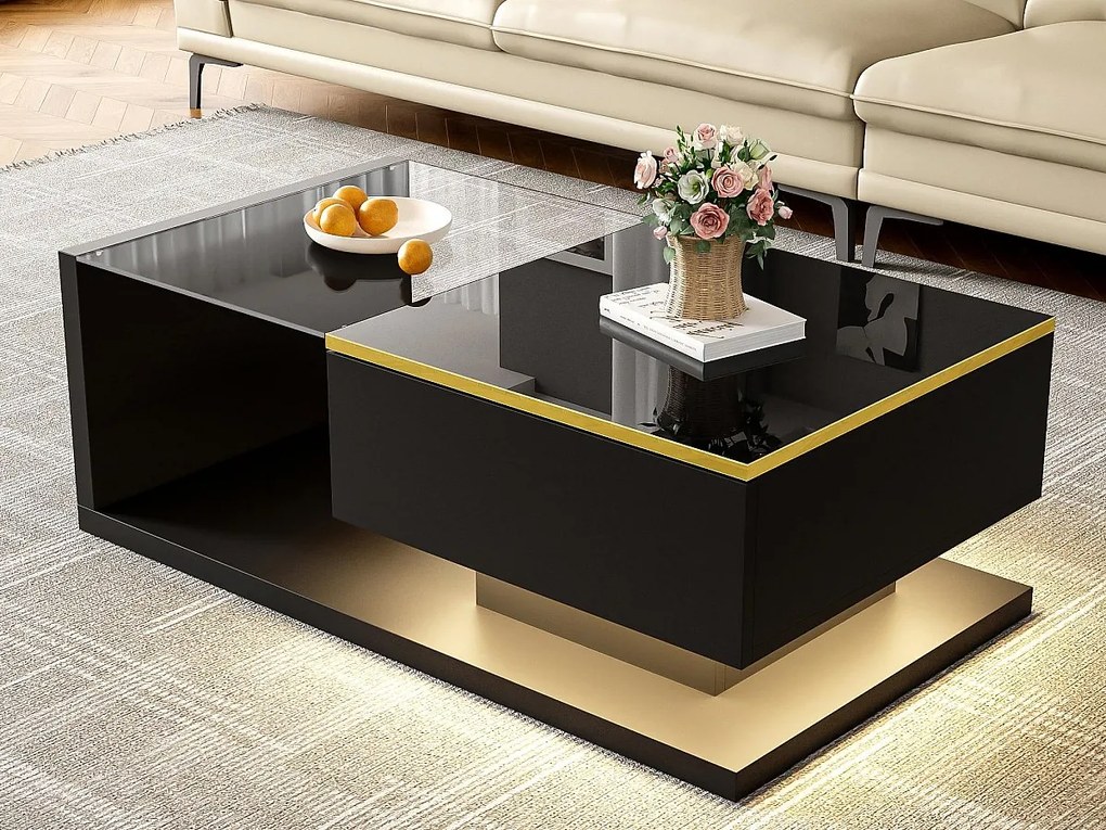 Nowoczesny stolik kawowy ze szkła z oświetleniem LED – płyta wiórowa – czarny