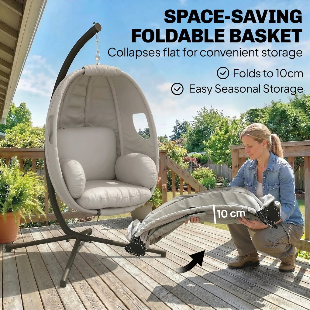 Outsunny Wiszący Fotel z Ramą, Składany Kosz z Grubymi Poduszkami, Regulowana Wysokość, Pas Bezpieczeństwa, do 120 kg | Aosom PL