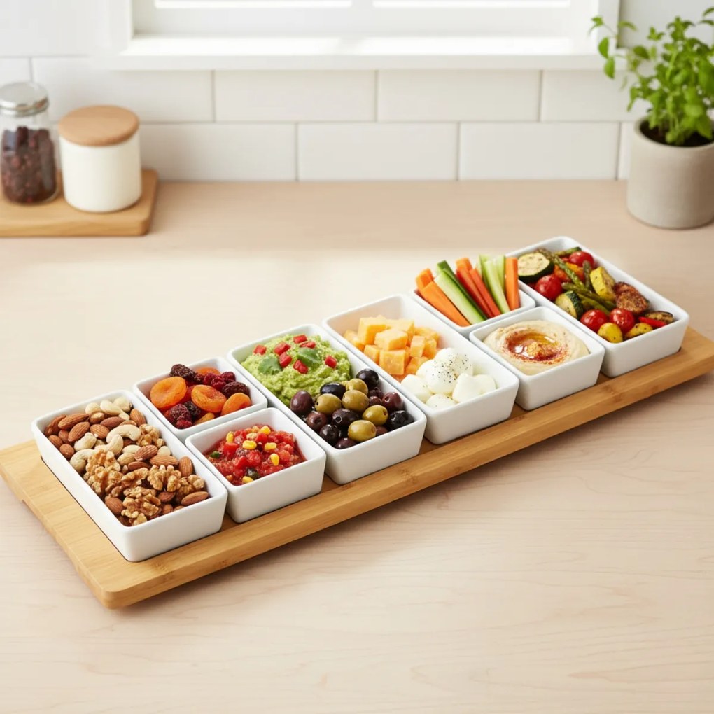 Porcelanowe miseczki na przekąski AION, 9 elementów na bambusowej tacy