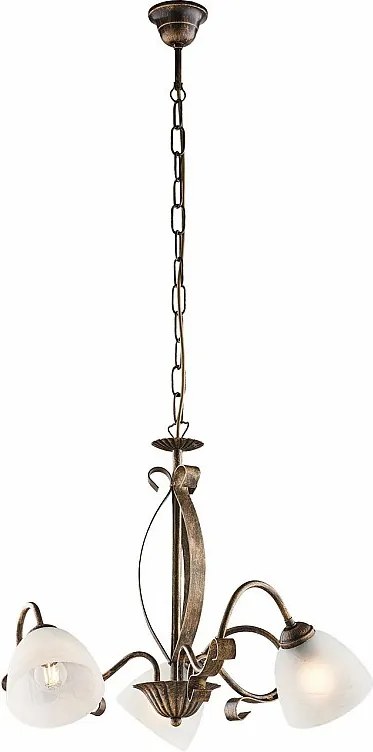 Kuty żyrandol z lakierowanego na brązowo żelaza z dekoracją w kolorze starego złota i szklanymi kloszami d. 13 białego alabastru 3 światła 103 Ø51