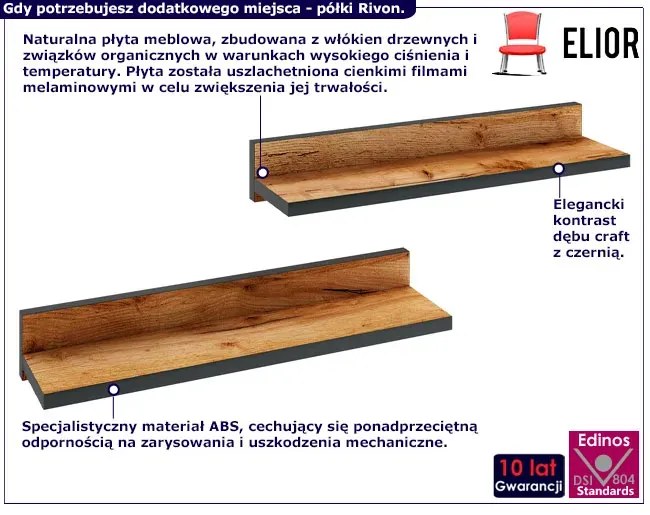 Komplet 2 półek ściennych dąb craft + czarny - Nevra 4X