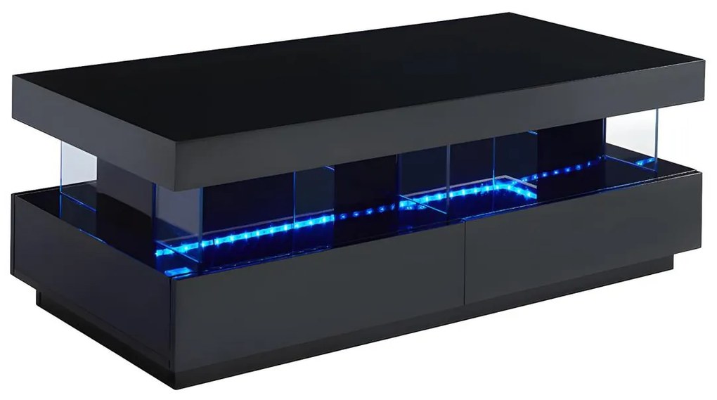 Stolik kawowy -  Płyta MDF - Diody LED - 2 szuflady i 2 wnęki - Czarny - FABIO II