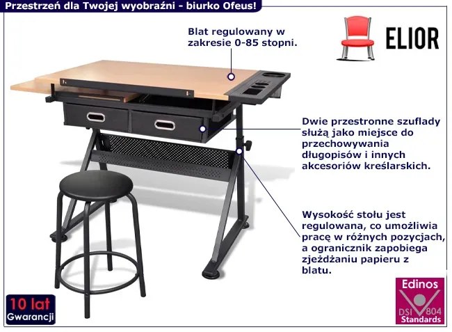Regulowane Biurko Kreślarskie Wysokie Z Szufladami I Taboretem K2-D80