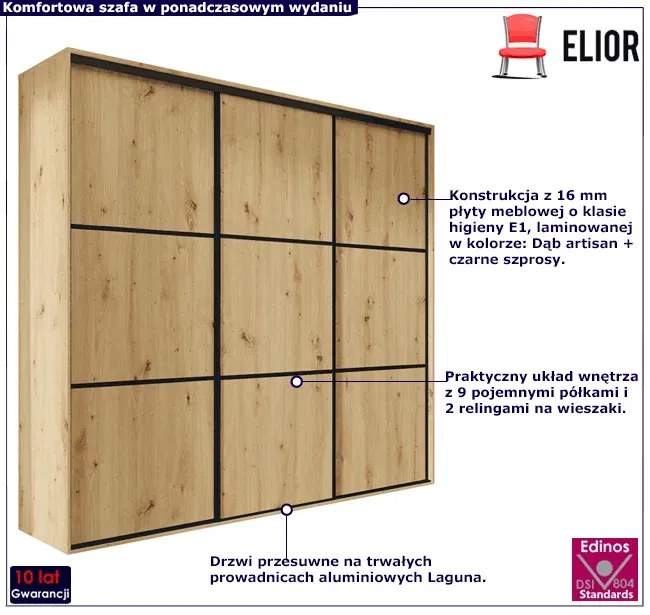 Szafa przesuwna dąb artisan + czarne szprosy - Savona 5X
