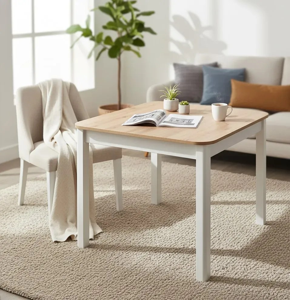 Biały + dąb artisan rozkładany stół kwadratowy do salonu K2-N28