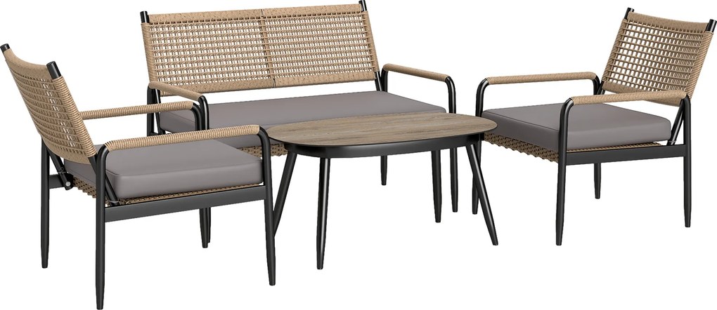 Outsunny Zestaw mebli ogrodowych z Polirattanu: Lounge-Set z sofą 2-osobową, fotelami i stolikiem kawowym oraz poduszkami dla 4 osób, w kolorze ciemnoszarym+żółtym